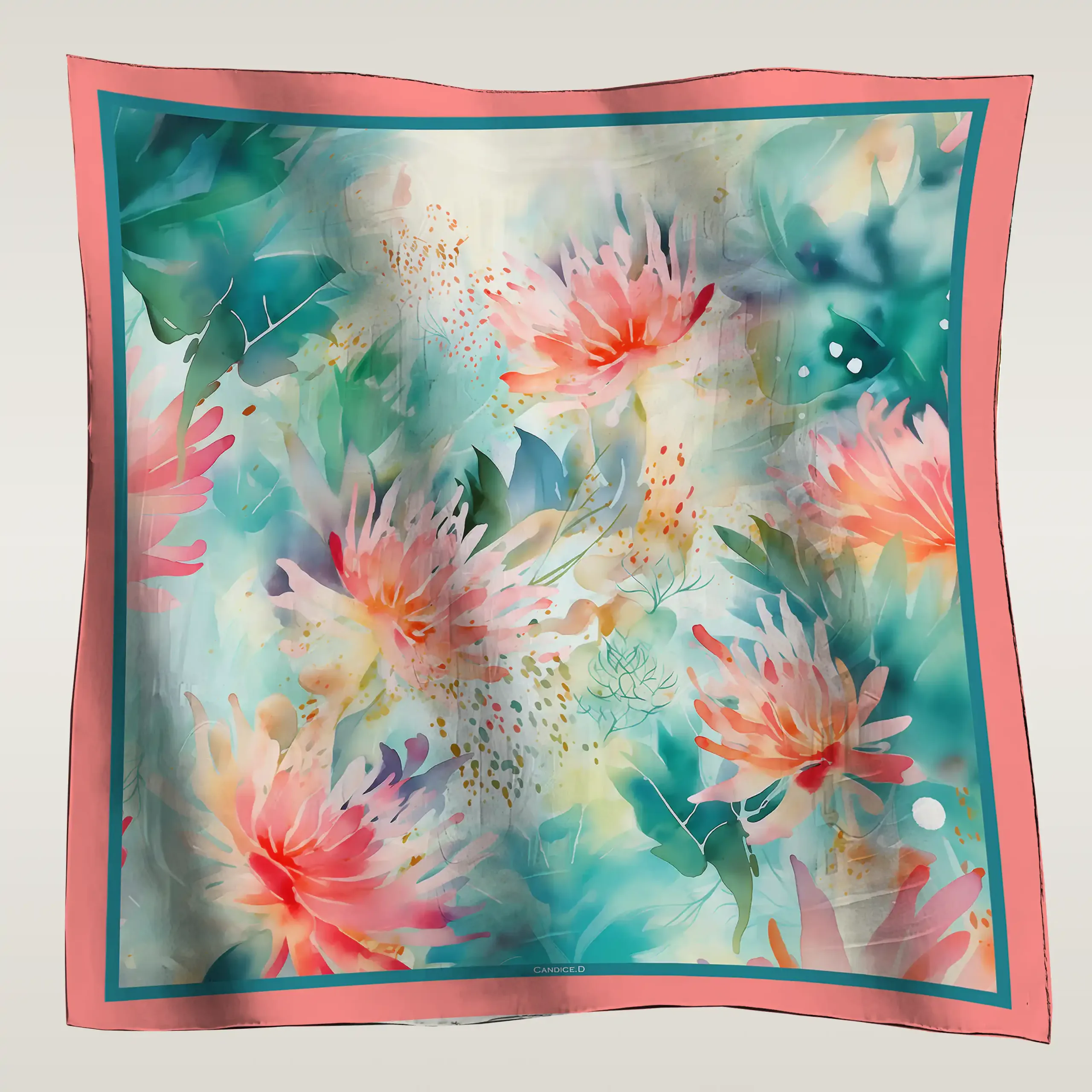 grand foulard carré aquarelle fleuri turquoise rose