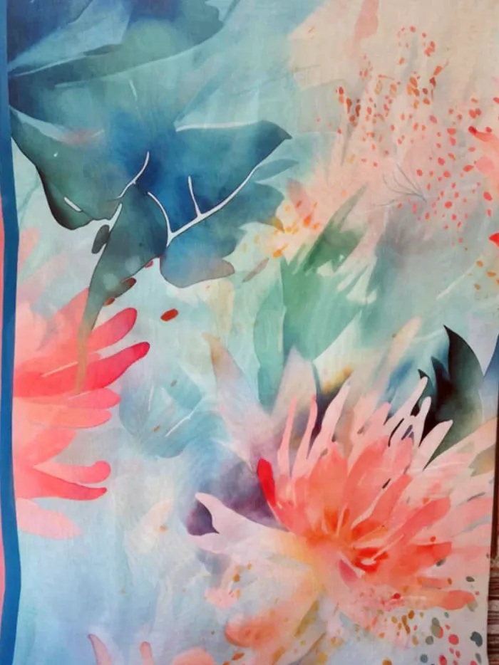 grand foulard carré aquarelle fleuri turquoise rose