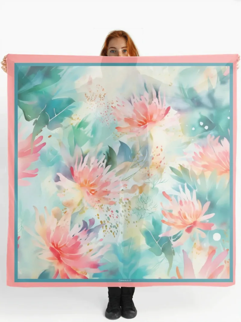 grand foulard carré aquarelle fleuri turquoise rose