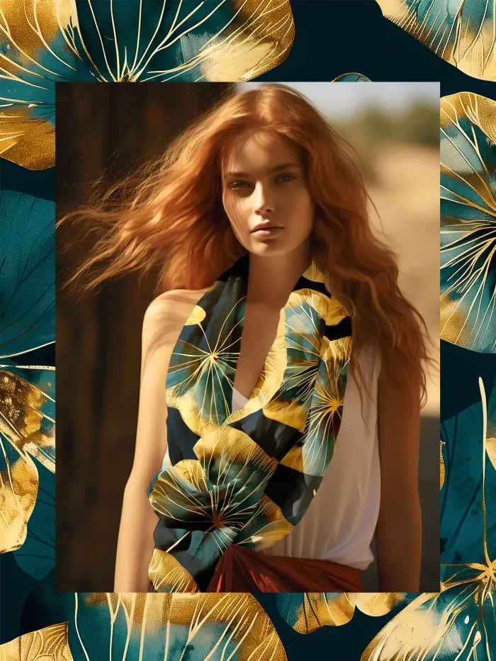 grand foulard femme nénuphars doré