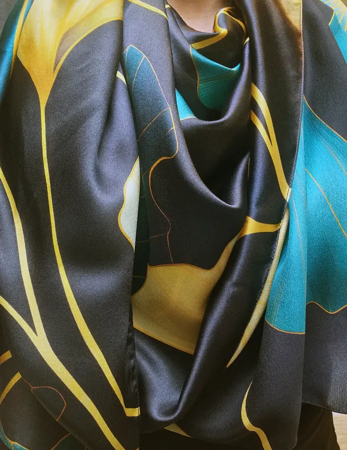 foulard en soie gingko turquoise doré