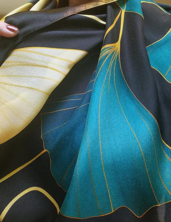 foulard gingko bleu menthol et doré
