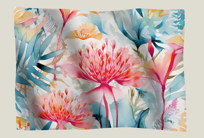 arbre à soie dessin aquarelle rose bleu tableau textile