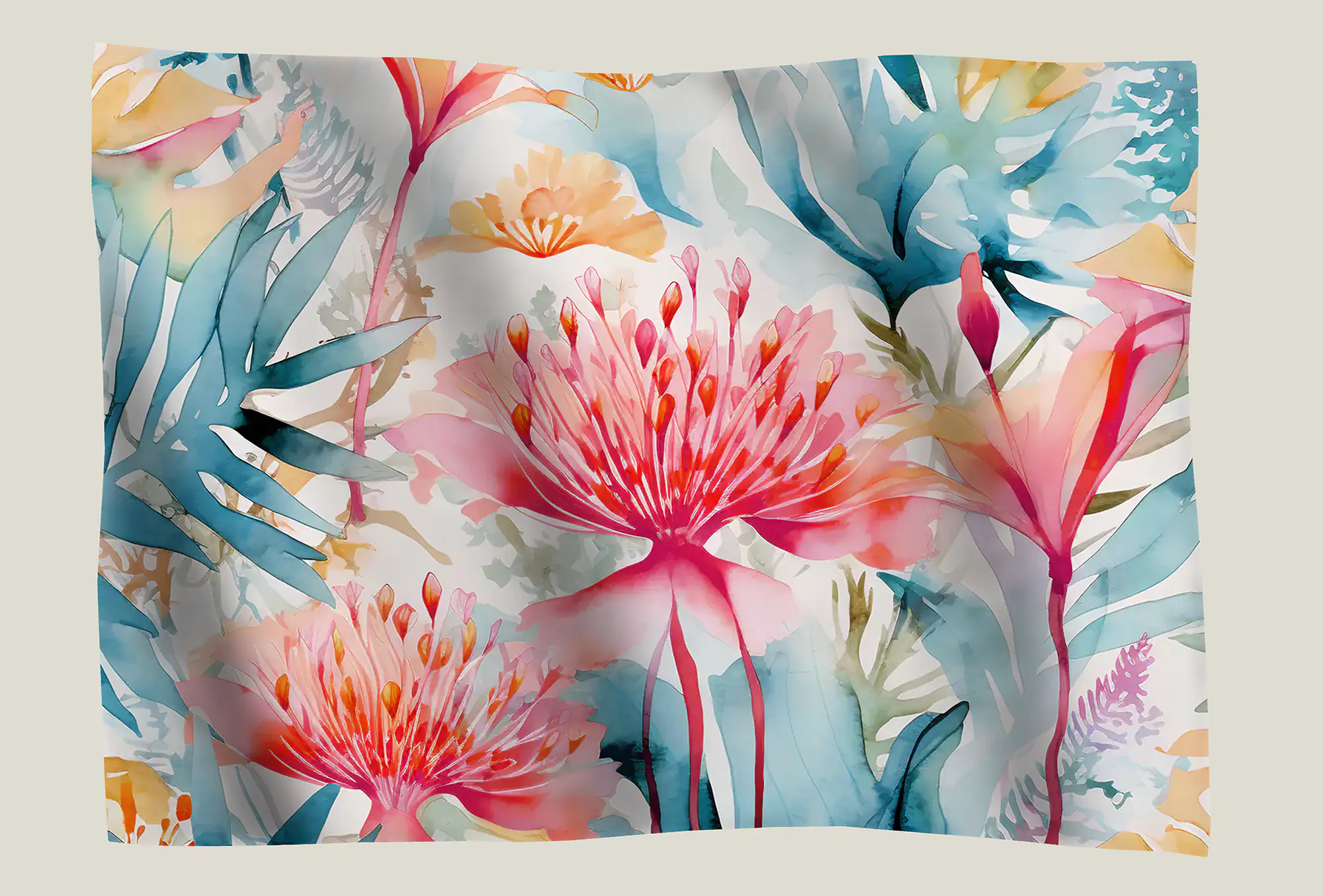 arbre à soie dessin aquarelle rose bleu tableau textile