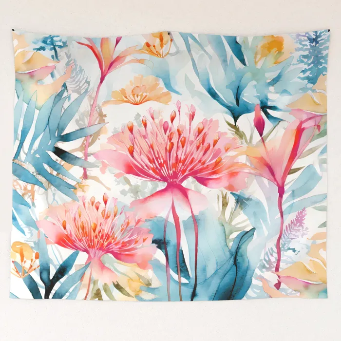 arbre à soie dessin aquarelle rose bleu tableau textile