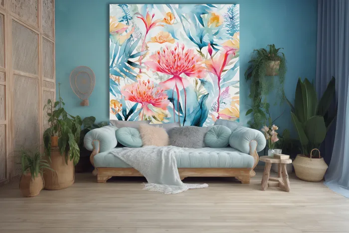 tissu mural décoration fleurs rose arbre à soie turquoise