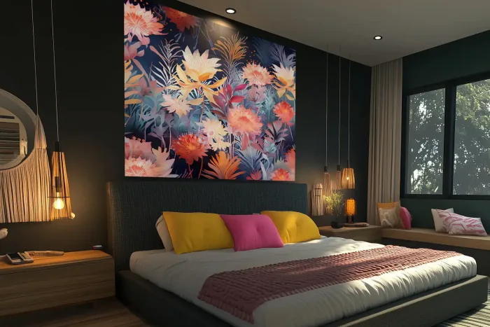 tissu mural décoration fleurs multicolores fond sombre