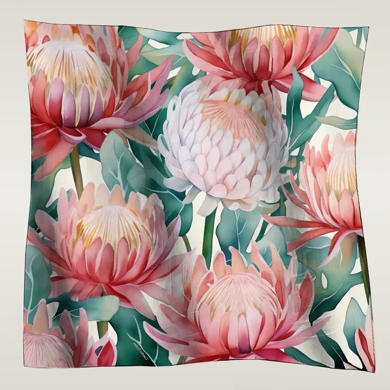 foulard rose fleur de protea feuille menthe