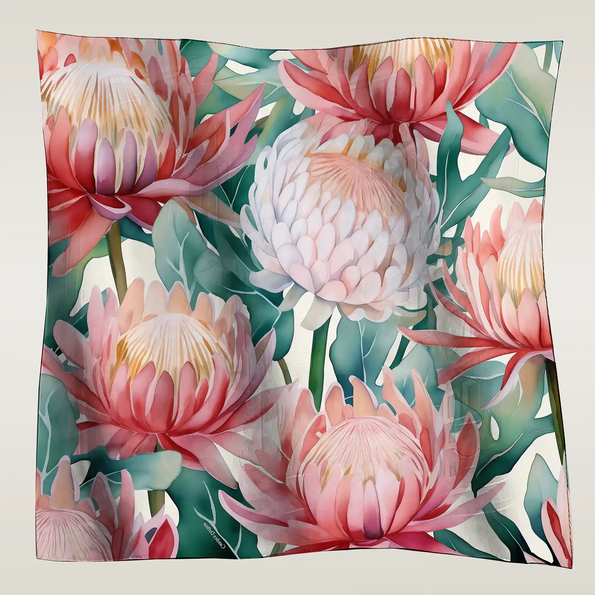 foulard rose fleur de protea feuille menthe