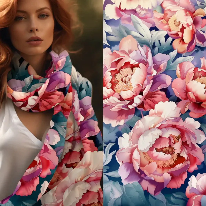 FOULARD EN SOIE PIVOINES sauvages rose bleu