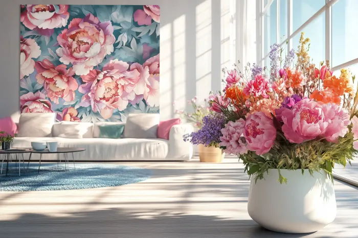 tissu mural décoration pivoines roses