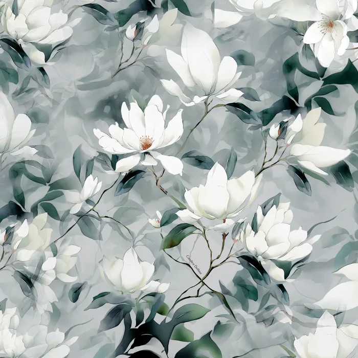 foulard fleurs Magnolia blanc fond gris