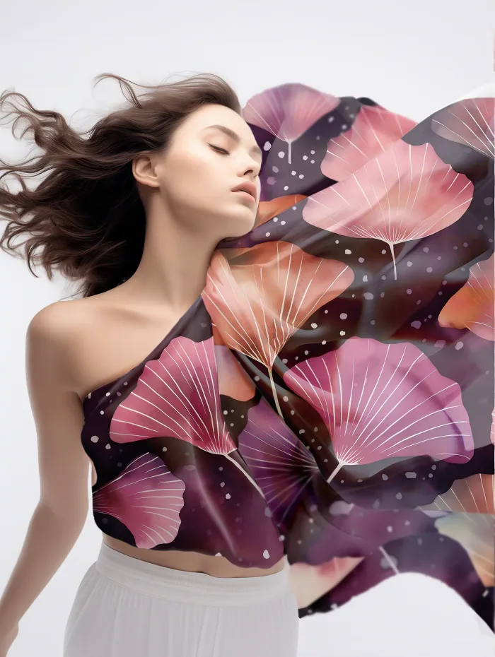 foulard en soie mauve rose gingko hivernal