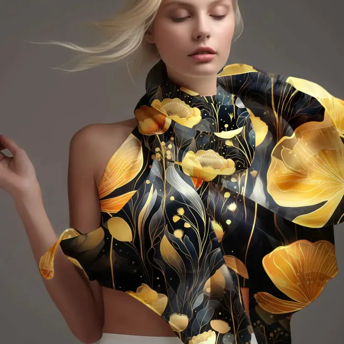 foulard en soie xxl noir avec fleurs jaunes