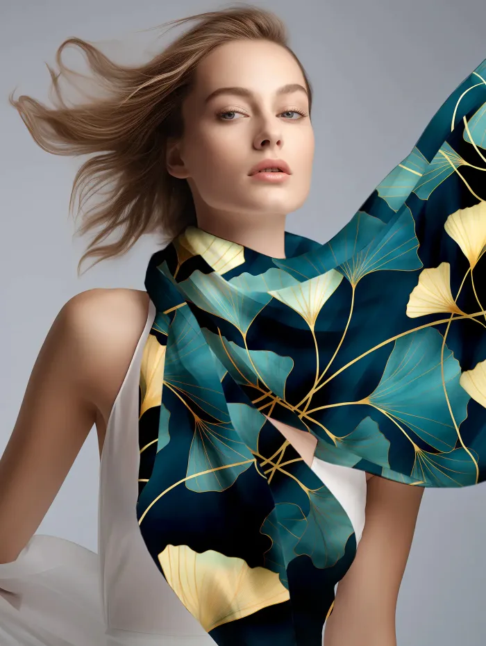 grand foulard en soie bleu et doré motif gingko