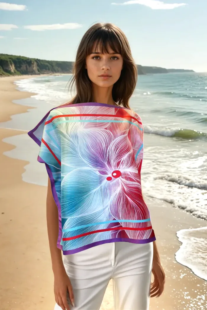 Caftan en twill de soie style graphique léger et confortable tons rose lavande fleur blanche