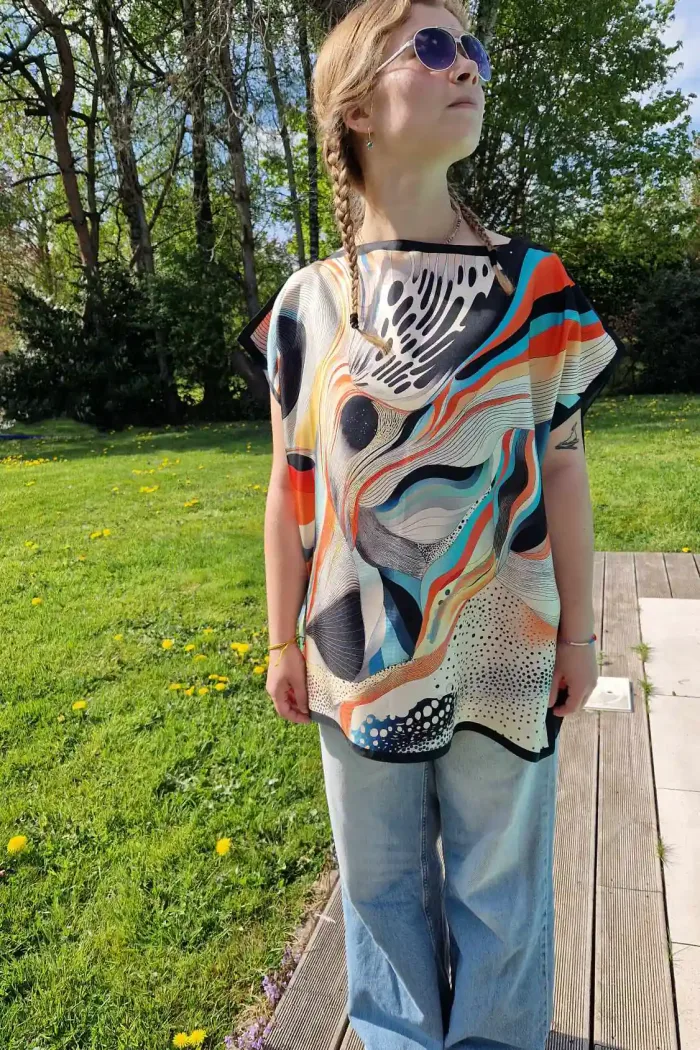 caftan court tunique en soie modèle pop vintage noir orange turquoise