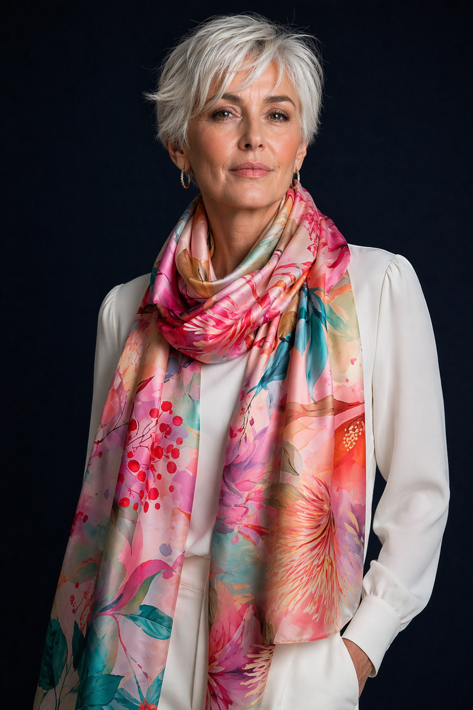 Femme portant le foulard en soie Grenade Sauvage aux tons rouge et ocre.