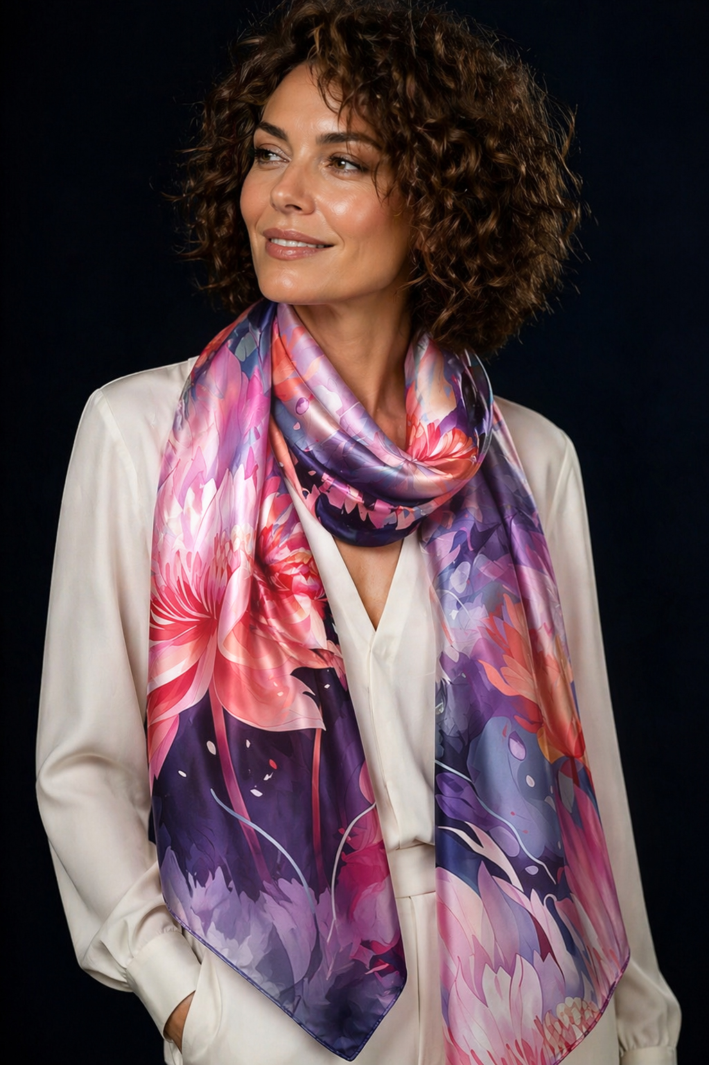 Foulard en soie Bouquet Impérial aux motifs floraux roses sur fond bleu nuit