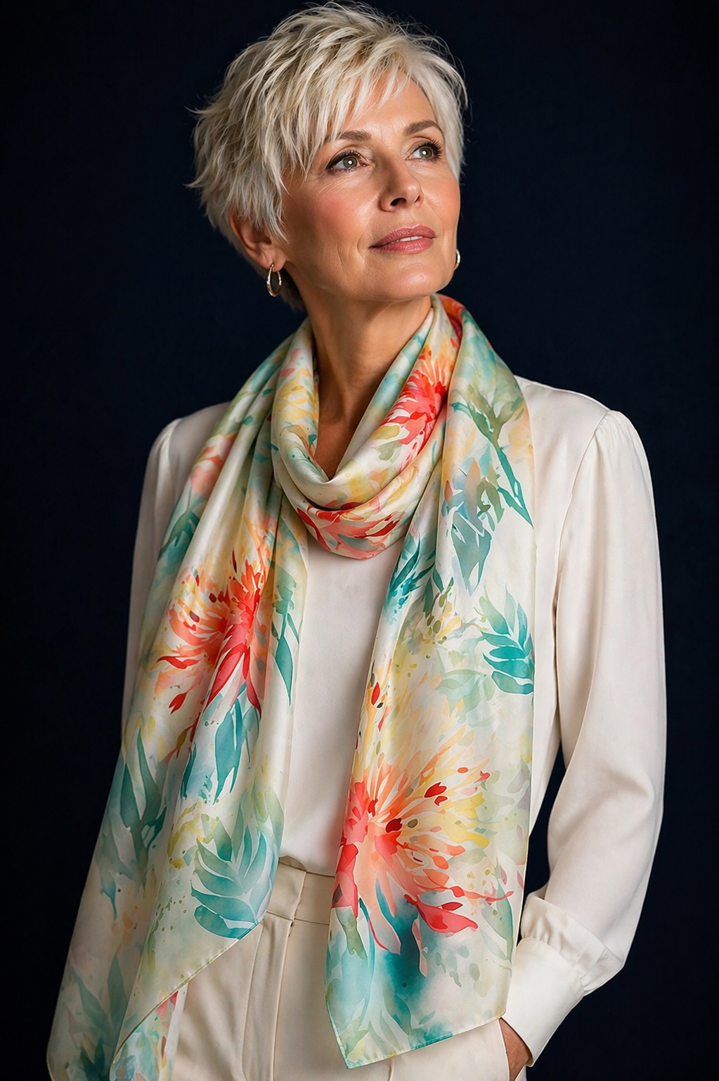 Foulard en soie Brume de Camélia aux tons corail et turquoise porté par une femme