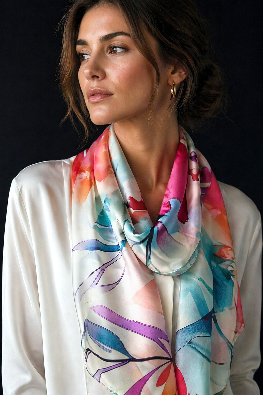 Femme portant le foulard en soie Jardin d'Eden aux tons turquoise, pêche et fuchsia