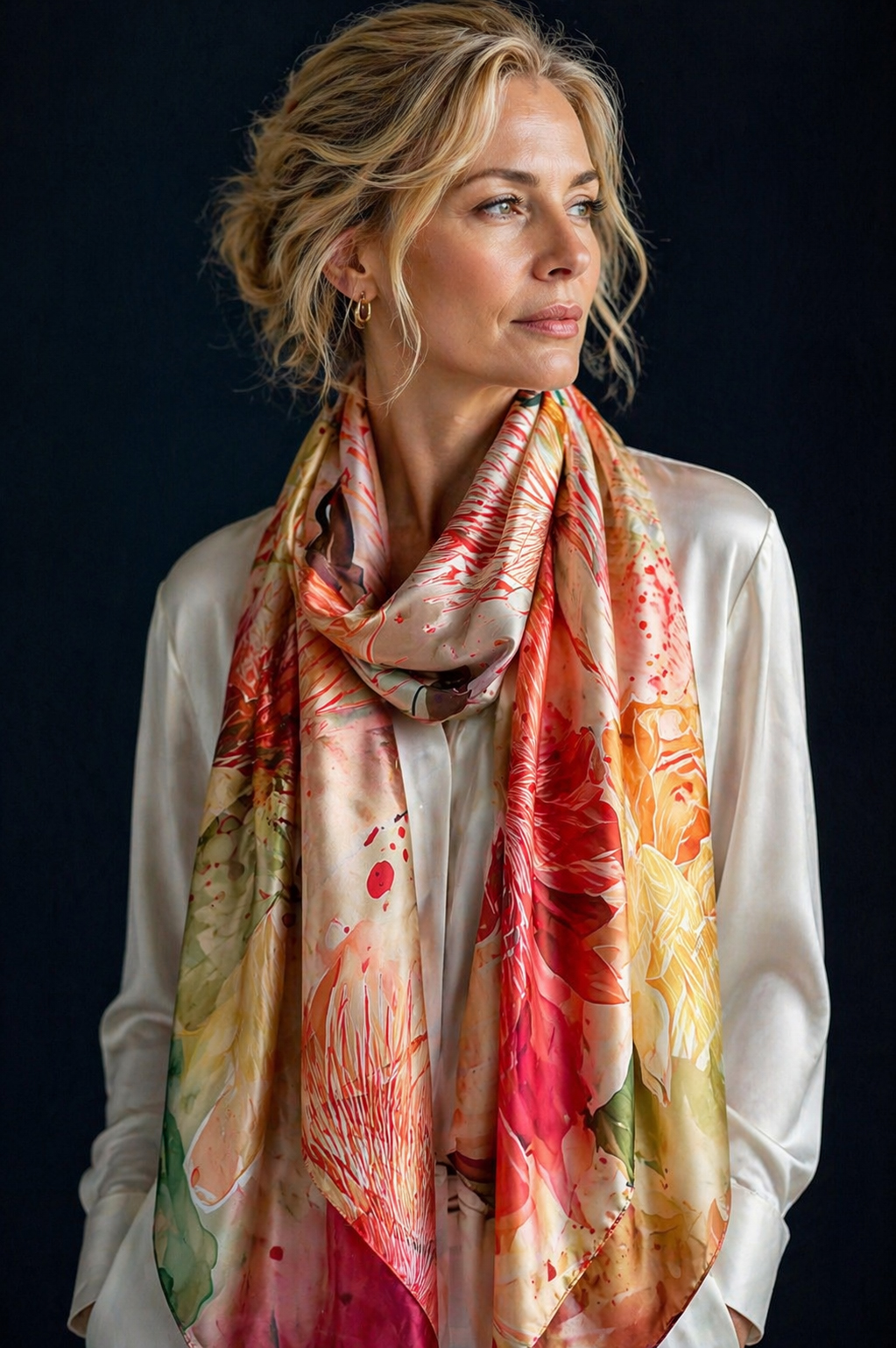 Foulard en soie Mangue Soleil aux tons orangés et jaunes porté par une femme