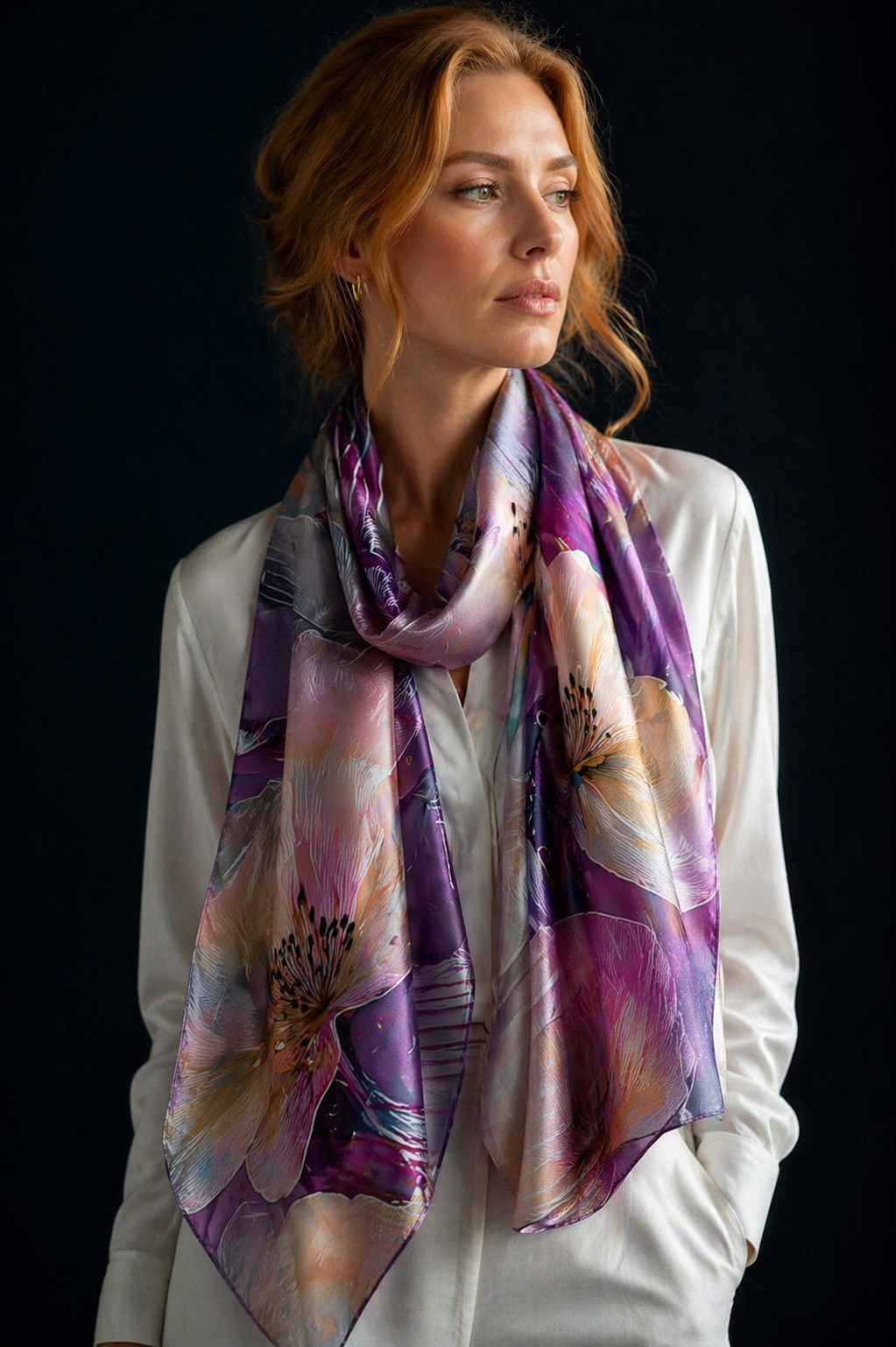 Femme portant le foulard en soie Orchidée Crépuscule aux tons mauves et violets