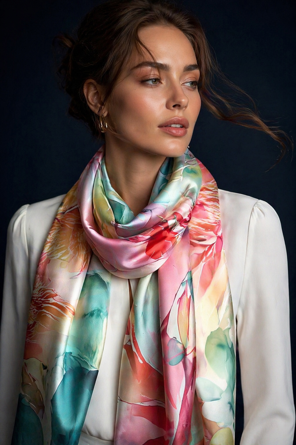 Foulard en soie Roseraie d'Été aux tons roses poudrés porté par une femme élégante