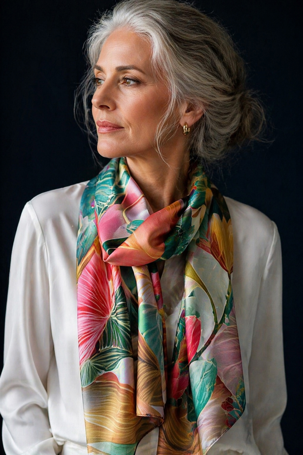 Foulard en soie Verger Tropical porté autour du cou par une femme aux cheveux gris élégante